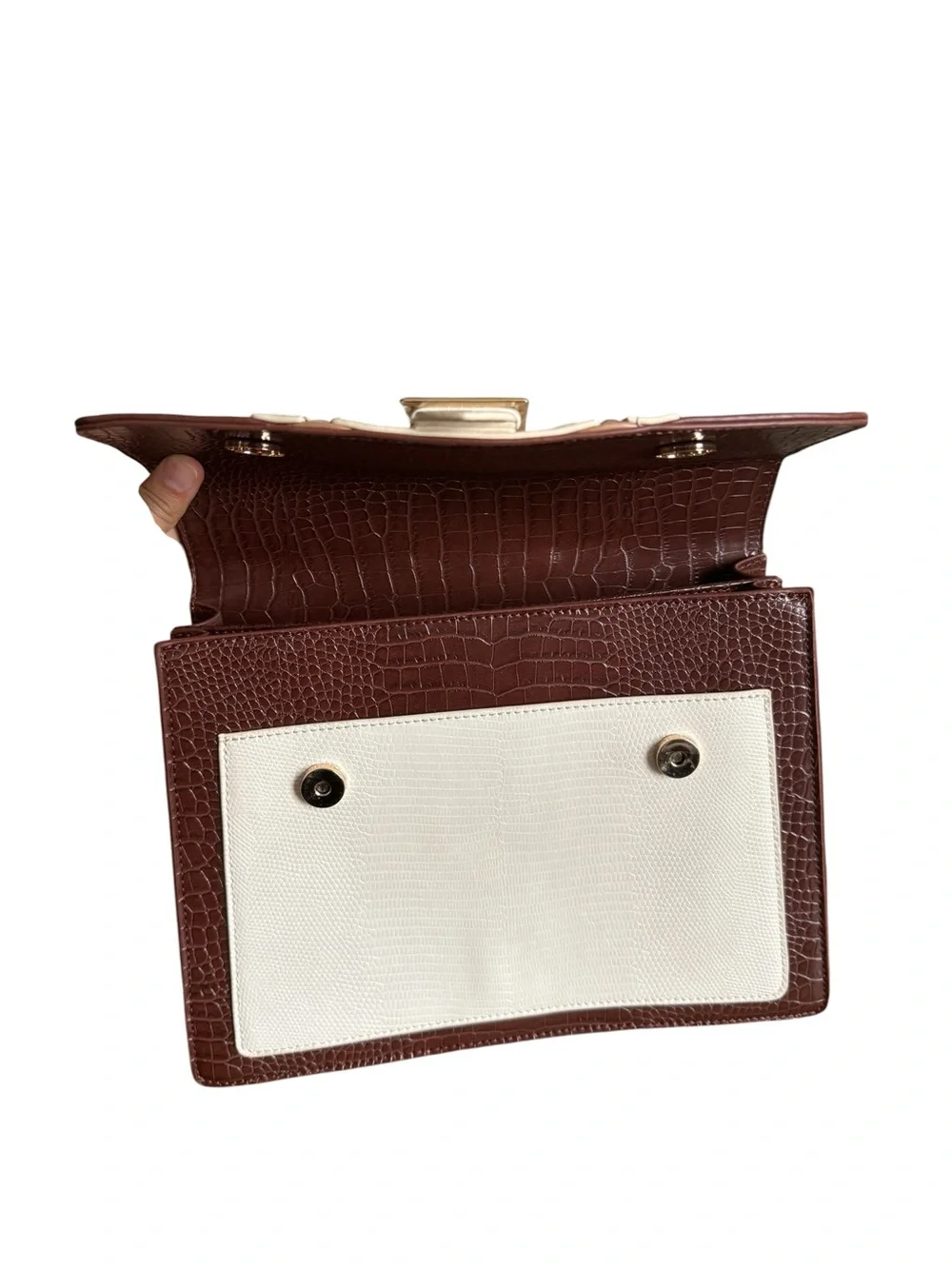 Olivia + Joy Brown and Cream Croc-Texture Top Handle Satchel
